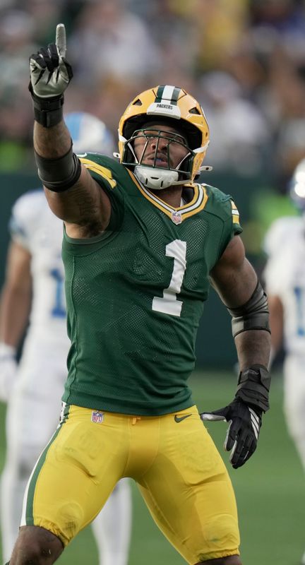 Green Bay Packers defensive end Micah Parsons (1) celebrates his sack during the fourth quarter of their game Sunday, September 7, 2025 at Lambeau Field in Green Bay, Wisconsin. The Green Bay Packers beat the Detroit Lions 27-13.