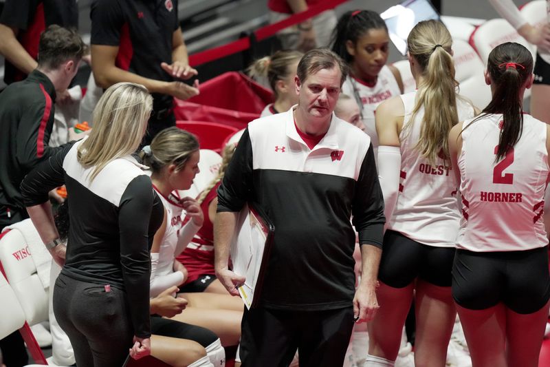 Wisconsin assistant coach John Shondell is shown during their volleyball match Tuesday, September 9, 2025, at the Wisconsin Field House in Madison, Wisconsin. Wisconsin beat UW-Milwaukee 3-0.