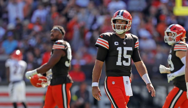 Cleveland Browns quarterback Joe Flacco (15) walks off the field after throwing an interception during the second half of an NFL football game against the Cincinnati Bengals at Huntington Bank Field, Sept. 7, 2025, in Cleveland, Ohio.