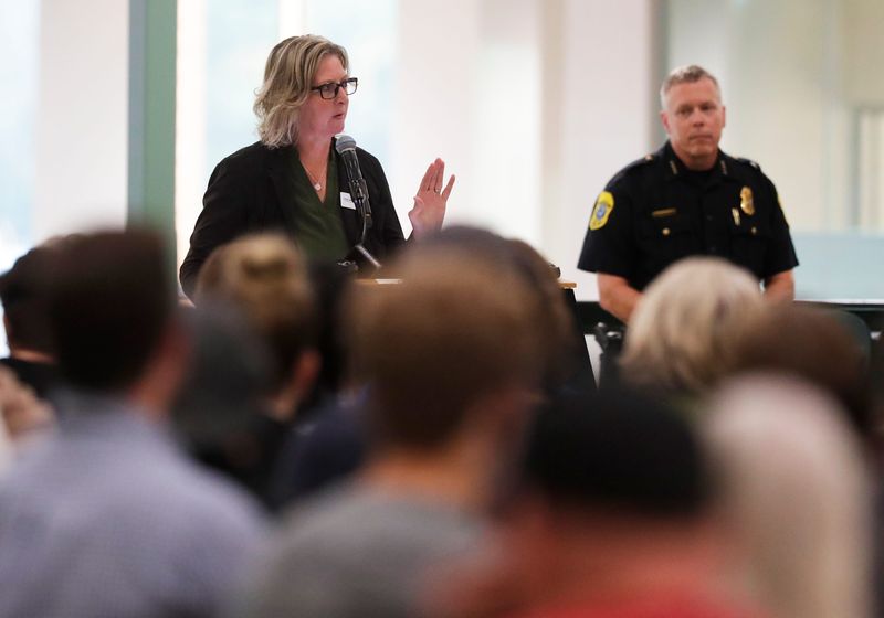Green Bay School District Superintendent Vicki Bayer speaks during a safety roundtable event on Sept. 15, at Green Bay Preble High School to discuss the recent event of a gun and ammunition being found in a student's backpack.