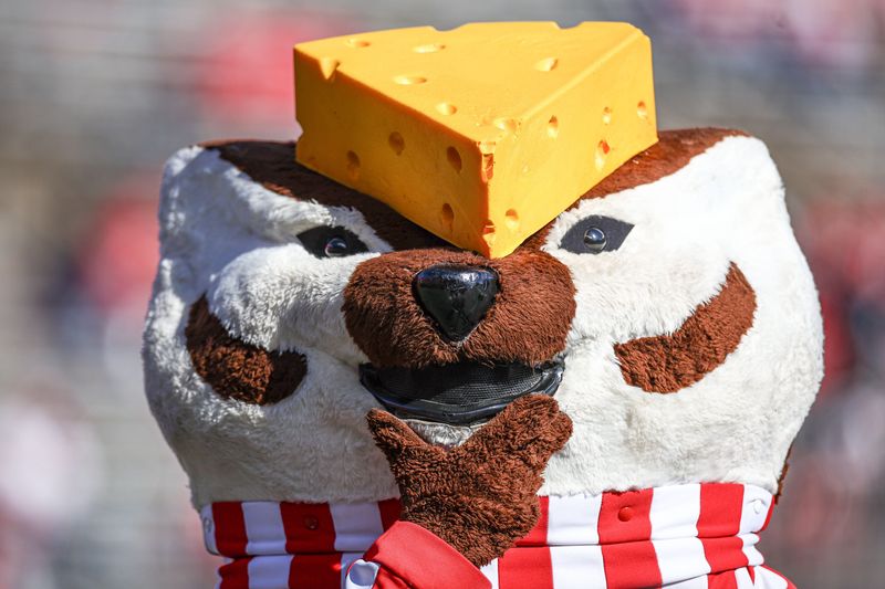 Oct 12, 2024; Piscataway, New Jersey, USA; Wisconsin Badgers mascot, Bucky Badger, wears a chess head hat during the second half against the Rutgers Scarlet Knights at SHI Stadium. Mandatory Credit: Vincent Carchietta-Imagn Images