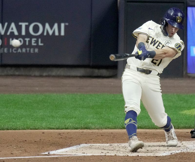 Milwaukee Brewers outfielder Sal Frelick (21) this a sacrifice fly during the second inning of their game against the Los Angeles Angles Tuesday, September 16, 2025 at American Family Field in Milwaukee, Wisconsin.