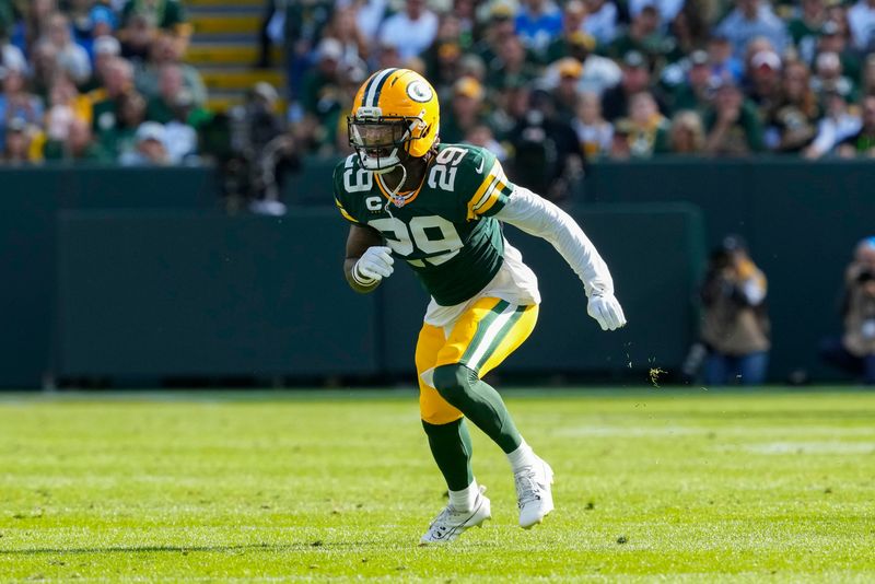 Sep 7, 2025; Green Bay, Wisconsin, USA; Green Bay Packers safety Xavier McKinney (29) during the game against the Detroit Lions at Lambeau Field. Mandatory Credit: Jeff Hanisch-Imagn Images