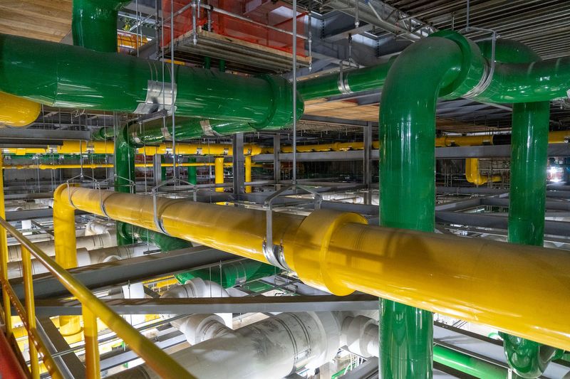 Piping that part of the close loop chiller plant at the Microsoft data center in Mount Pleasant, Wisconsin on Sept. 18, 2025. Microsoft announced plans to spend $4 billion to build a second data center in Mount Pleasant that it says will be the most advanced AI center in the world.