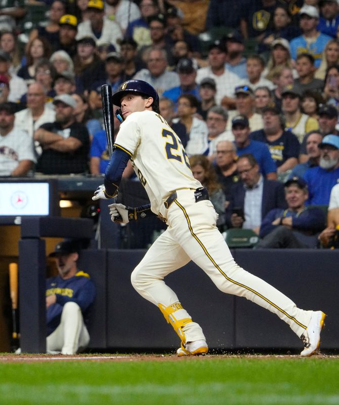Brewers outfielder Christian Yelich smacks a run-scoring double in the sixth inning against the Angels for his 100th RBI of the season Sept. 18 at American Family Field.