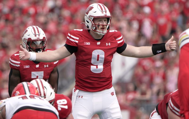 Wisconsin quarterback Billy Edwards Jr. (9) makes a calla t the line during the first quarter of their game against Maryland Saturday, September 20, 2025 at Camp Randall Stadium in Madison, Wisconsin.



Mark Hoffman/Milwaukee Journal Sentinel