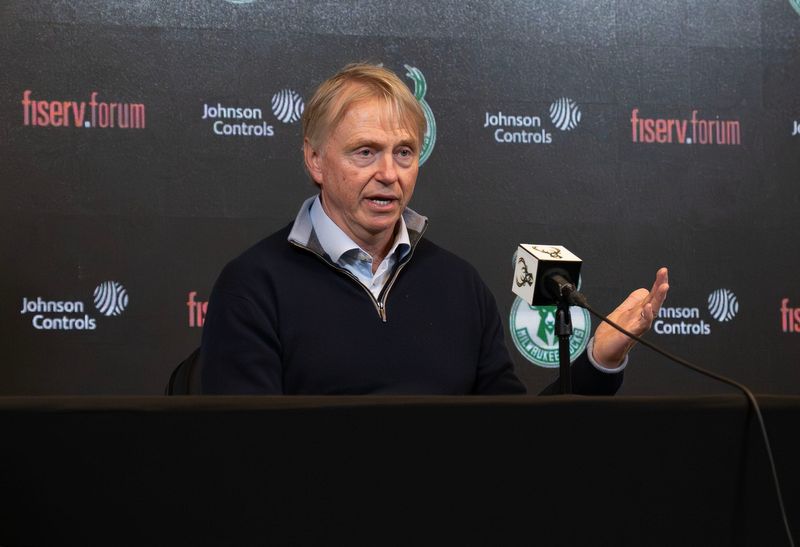 Milwaukee Bucks governor Wes Edens answers questions during Milwaukee Bucks media day at Fiserv Forum in Milwaukee, Wisconsin on Sept. 29, 2025.