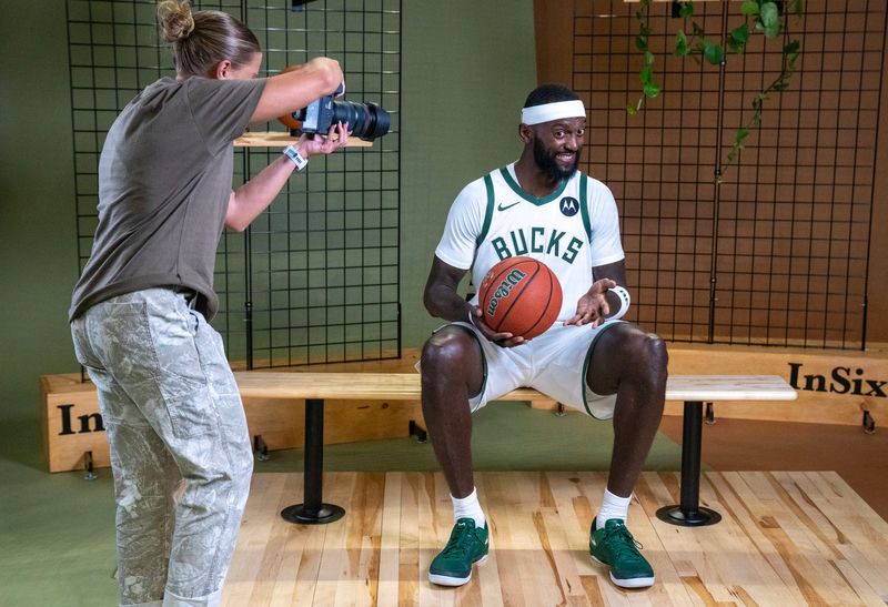 Milwaukee Bucks forward Bobby Portis Jr. has a laugh during a photo shoot during Milwaukee Bucks media day at Fiserv Forum in Milwaukee, Wisconsin on Sept. 29, 2025.