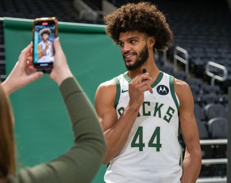 Milwaukee Bucks guard Andre Jackson Jr. answers questions during Milwaukee Bucks media day at Fiserv Forum in Milwaukee, Wisconsin on Sept. 29, 2025.