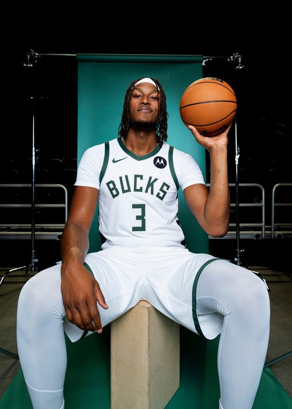 Milwaukee Bucks center Myles Turner (3) poses for a portrait during Milwaukee Bucks media day on Monday September 29, 2025 at Fiserv Forum in Milwaukee, Wisconsin.