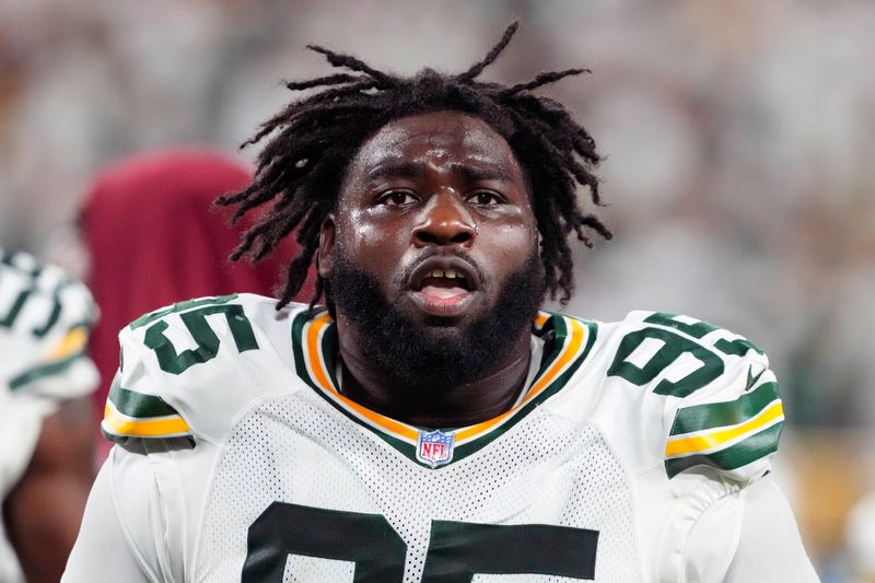 Sep 11, 2025; Green Bay, Wisconsin, USA; Green Bay Packers defensive lineman Devonte Wyatt (95) during the game against the Washington Commanders at Lambeau Field. Mandatory Credit: Jeff Hanisch-Imagn Images