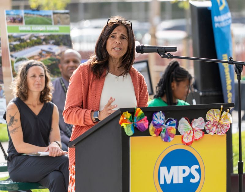 Milwaukee Public Schools Superintendent Brenda Cassellius makes remarks regarding the redeveloped Riverwest Elementary schoolyard, which included new play areas and stormwater management features, on Wednesday Oct. 1, 2025, in Milwaukee, Wisconsin. The Green & Healthy Schoolyards initiative transforms schoolyards, featuring outdoor classrooms, community gathering spaces and traffic gardens, along with upgraded recreational facilities like basketball courts, soccer fields, Gaga Ball pits, painted play zones, and nature play areas.