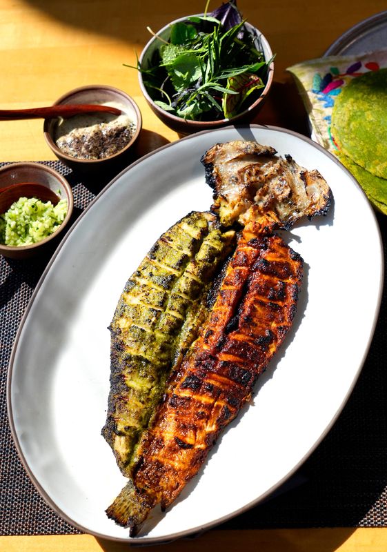 The Contramar-inspired fish at Birch, 429 E. Pleasant St., is served with (from left) cucumber salsa, charred jalapeño aioli, mixed herbs and tortillas, pictured on Sept. 26, 2025.
