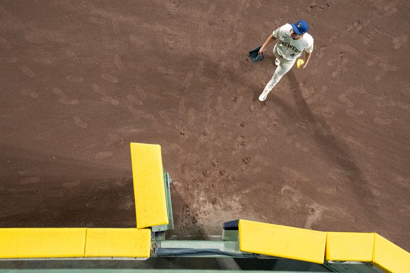 Milwaukee Brewers pitcher Quinn Priester (46) is shown before their National League Division Series game against the Chicago Cubs Monday, October 6, 2025 at American Family Field in Milwaukee, Wisconsin.