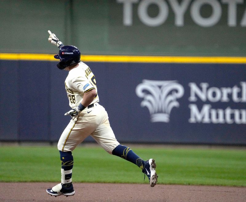 Milwaukee Brewers first baseman Andrew Vaughn (28) rounds the bases after hitting a 3 run home run during the first inning of the National League Division Series game at American Family Field in Milwaukee, Wisconsin on Oct. 6, 2025.