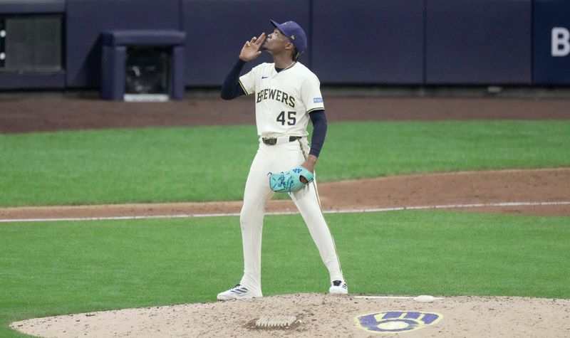 Milwaukee Brewers pitcher Abner Uribe (45) reacts after the final out during the ninth inning of their National League Division Series game against the Chicago Cubs Monday, October 6, 2025 at American Family Field in Milwaukee, Wisconsin.