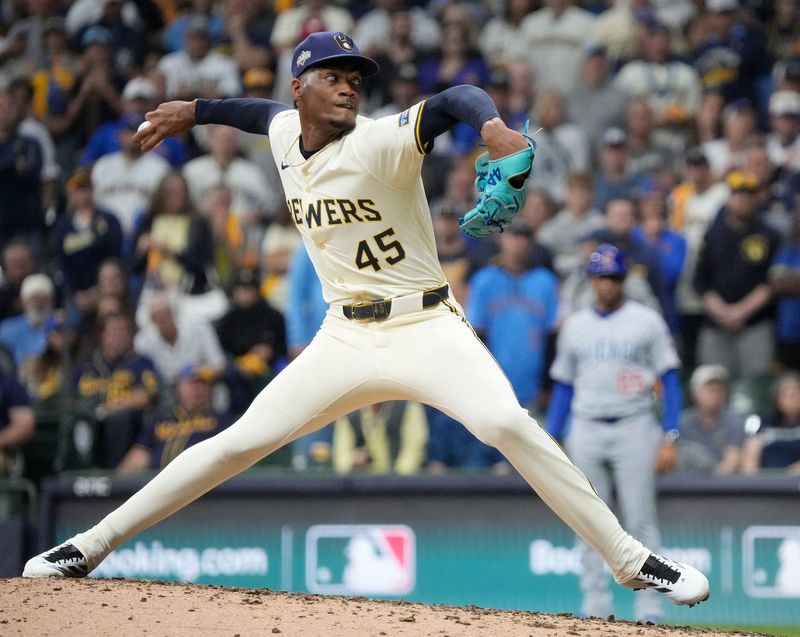 Reliever Abner Uribe pitches during the ninth inning of the Brewers' NLDS Game 2 victory over the Cubs on Oct. 6 at at American Family Field.