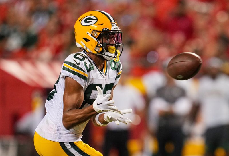 Aug 25, 2022; Kansas City, Missouri, USA; Green Bay Packers wide receiver Samori Toure (83) catches a pass during the second half against the Kansas City Chiefs at GEHA Field at Arrowhead Stadium. Mandatory Credit: Jay Biggerstaff-USA TODAY Sports