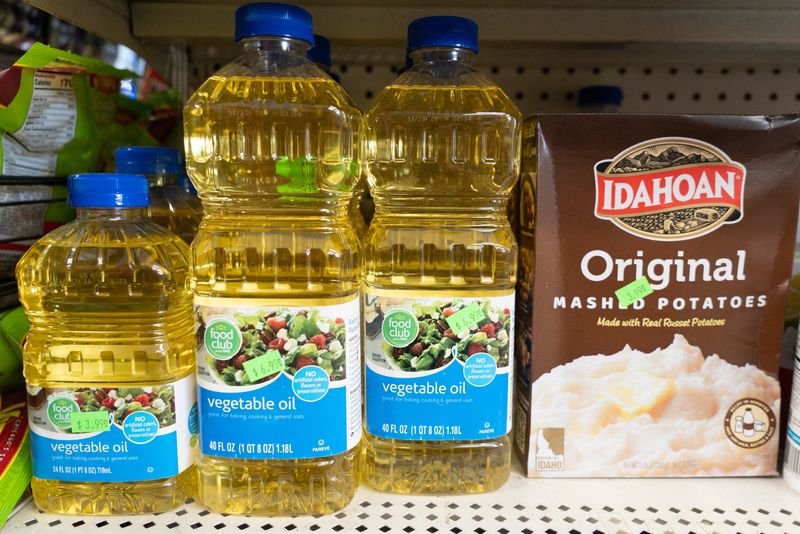 Vegetable oil and mashed potatoes sit on the shelf at The Skyway Food Mart in Metcalfe Park, pictured on Oct. 7, 2025, in Milwaukee, Wisconsin.
