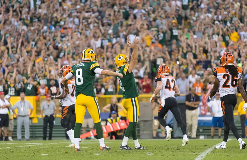 Sep 24, 2017; Green Bay, WI, USA; Green Bay Packers kicker Mason Crosby (2) celebrates after making the game winning field goal during overtime against the Cincinnati Bengals at Lambeau Field. Mandatory Credit: Jeff Hanisch-USA TODAY Sports