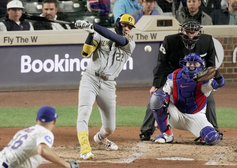 Milwaukee Brewers left fielder Christian Yelich (22) grounds out during the third inning of their National League Division Series game against the Chicago Cubs Thursday, October 9, 2025 at Wrigley Field in Chicago, Illinois.



Mark Hoffman/Milwaukee Journal Sentinel