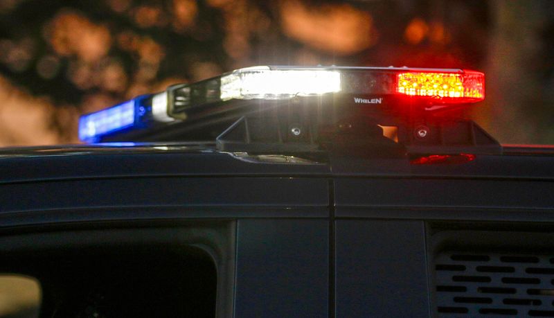 A detail view of Manitowoc squad car lights during the homecoming parade, Friday, October 10, 2025, in Manitowoc, Wis.