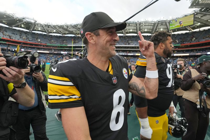 Pittsburgh Steelers quarterback Aaron Rodgers (8) leaves the field after an NFL International Series game against the Minnesota Vikings at Croke Park in Dublin, Ireland.