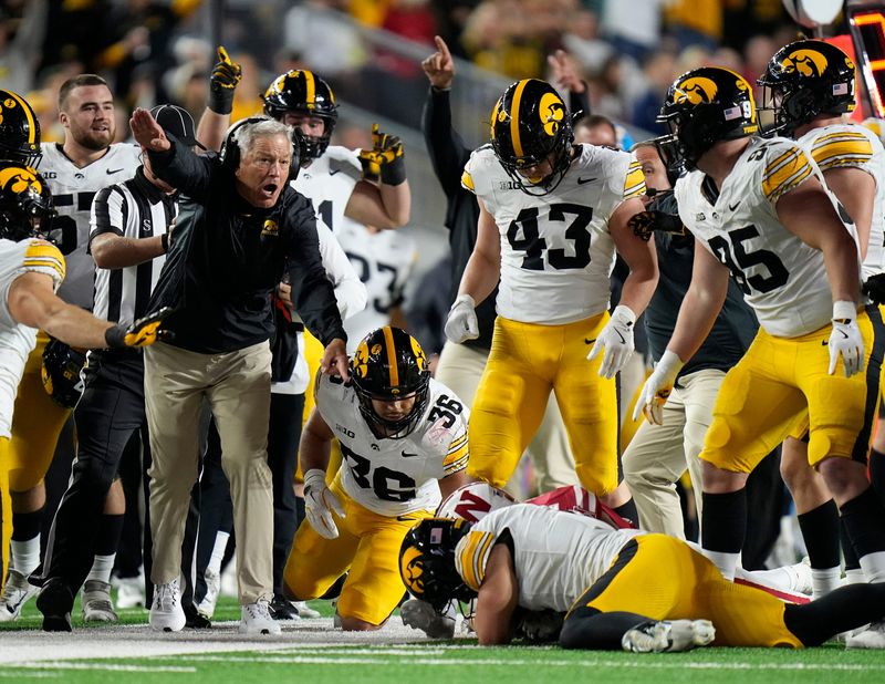 Iowa Hawkeyes defensive back Zach Lutmer (6) recovers the fumble during the first half of the game against the Wisconsin Badgers on Saturday October 11, 2025 at Camp Randall in Madison, Wisconsin.