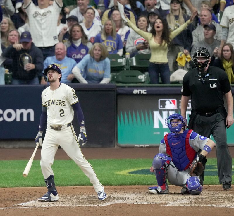 Milwaukee Brewers second baseman Brice Turang (2) hits a solo home run during the seventh inning of their National League Division Series game against the Chicago Cubs Saturday, October 11, 2025 at American Family Field n Milwaukee, Wisconsin.



Mark Hoffman/Milwaukee Journal Sentinel