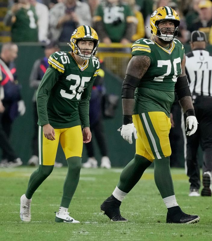 Green Bay Packers kicker Lucas Havrisik (35) is shown after kicking a field goal during the fourth quarter of their game Sunday, October 12, 2025 at Lambeau Field in Green Bay, Wisconsin. The Green Bay Packers beat the Cincinnati Bengals 27-18.