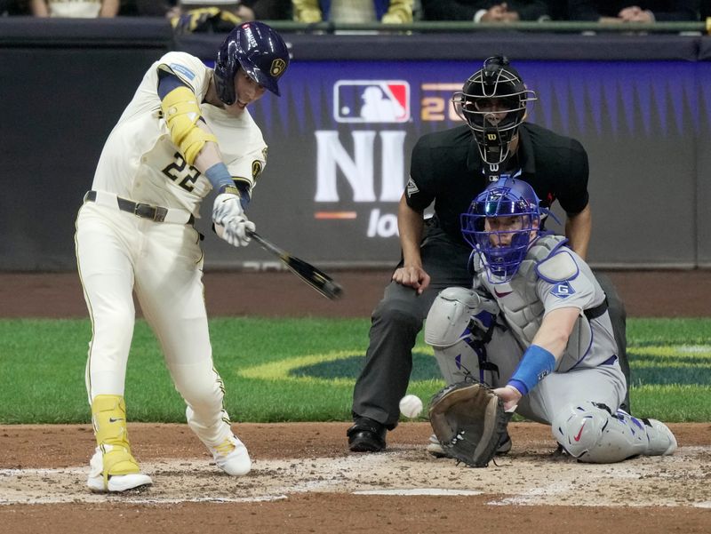 Milwaukee Brewers left fielder Christian Yelich (22) strikes out during the fourth inning of their National League Championship Series game against the Los Angeles Dodgers Tuesday, October 14, 2025 at American Family Field in Milwaukee, Wisconsin. 



Mark Hoffman/Milwaukee Journal Sentinel