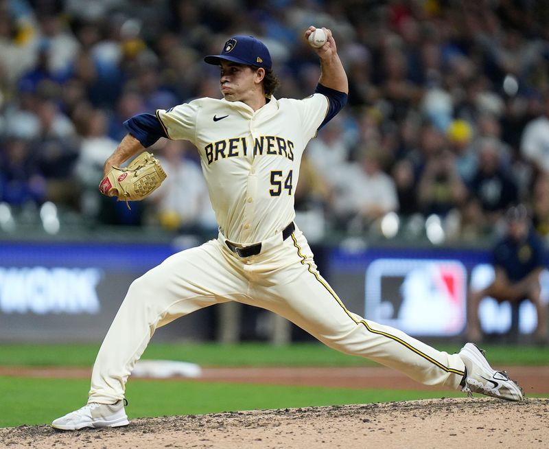 Milwaukee Brewers pitcher Robert Gasser (54) pitches during the eighth inning of the National League Championship Series game against the Los Angeles Dodgers October 14, 2025 at American Family Field in Milwaukee, Wisconsin.