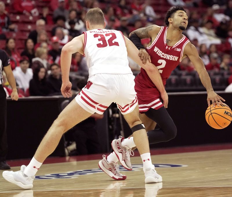 Nick Boyd (2) gets around Aleksas Bieliauskas (32) during a Wisconsin men’s basketball scrimmage Sunday, October 19, 2025 at the Kohl Center in Madison, Wisconsin.

Mark Hoffman/Milwaukee Journal Sentinel