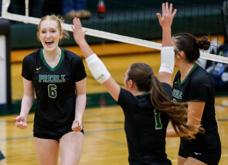 Green Bay Preble High School's Hannah Bukoske (6) reacts after winning a point against Appleton North High School during a WIAA Division 1 regional semifinal on Thursday, October 23, 2025, at Green Bay Preble High School in Green Bay, Wis. Preble won the match, 3-2.
Tork Mason/USA TODAY NETWORK-Wisconsin