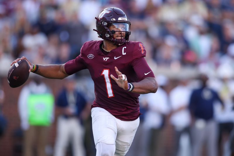 Virginia Tech quarterback Kyron Drones (1) throws a pass against the Georgia Tech in a 2025 game.
