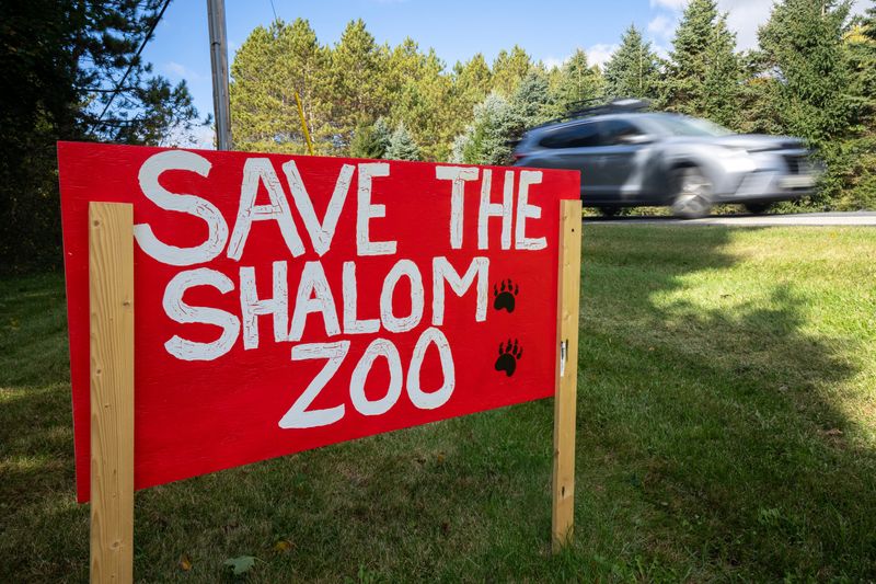 A car passes by one of many signs showing support for the Shalom Wildlife Zoo on Friday, Oct. 24, 2025 in the Town of Farmington near West Bend, Wisconsin. The privately-owned zoo, which started in 1979, has 88 species and about 800 animals.