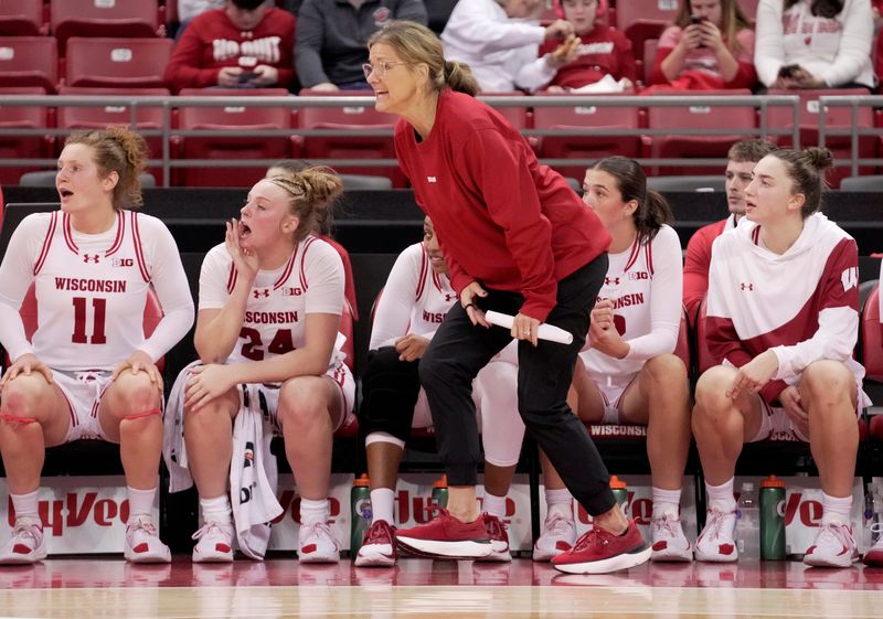 Wisconsin head coach Robin Pingeton is shown during the first half of their game against UW-River Falls Monday, October 27, 2025 at the Kohl Center in Madison, Wisconsin.