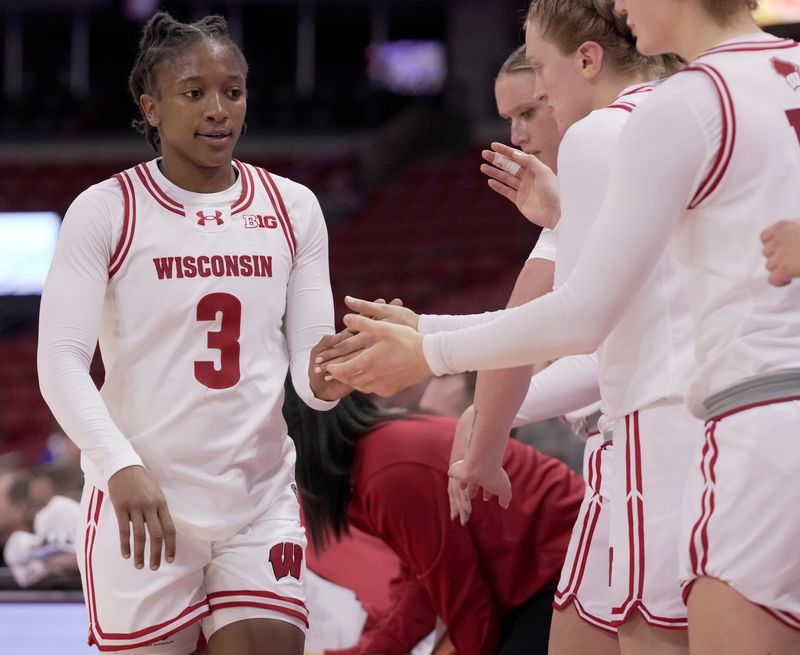 Wisconsin guard Breauna Ware (3) is shown during the second half of their exhibition game against the UW-River Falls Monday, October 27, 2025 at the Kohl Center in Madison, Wisconsin.