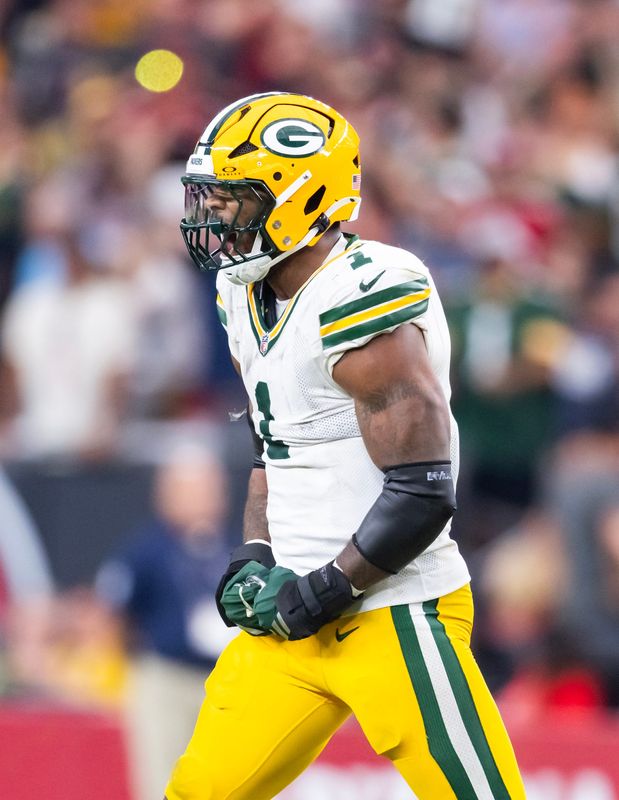 Oct 19, 2025; Glendale, Arizona, USA; Green Bay Packers defensive lineman Micah Parsons (1) celebrates a sack against the Arizona Cardinals in the second half at State Farm Stadium. Mandatory Credit: Mark J. Rebilas-Imagn Images