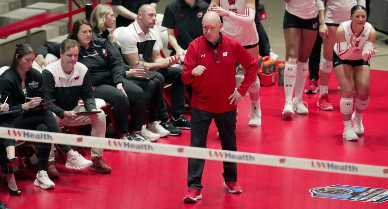 Wisconsin head coach Kelly Sheffield is shown during their volleyball match against the Nebraska Friday, October 31, 2025 at the Wisconsin Field House in Madison, Wisconsin.