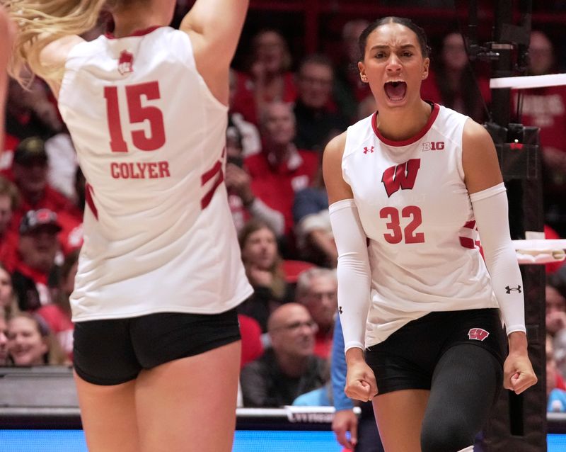 Wisconsin outside hitter Grace Egan (32) reacts during their volleyball match against Nebraska Friday, October 31, 2025 at the Wisconsin Field House in Madison, Wisconsin.