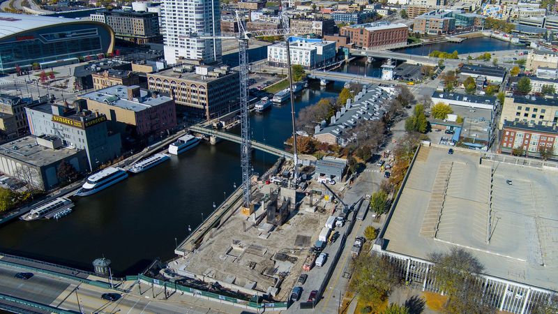 Work is done to dismantle the construction crane at the site of the Neutral.Edison, a 31-story tower, that was to be developed at 1005 N. Edison St., overlooking the Milwaukee River in Milwaukee, Wisconsin on Nov. 3, 2025.