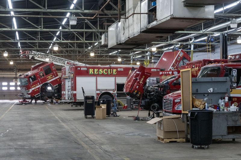 Fire trucks are ready to be worked on at a Milwaukee Fire Department vehicle repair facility on West Fiebrantz Avenue in Milwaukee, Wisconsin on Nov. 3, 2025.