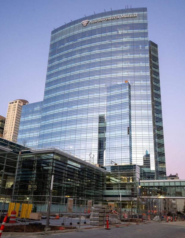 Northwestern Mutual's office building undergoing renovation is shown Wednesday, November 5, 2025 at 818 E. Mason St. in Milwaukee, Wisconsin. The $500 million project is to be completed in 2027. The company will move its Franklin operations, with around 2,000 employees, to its downtown campus.