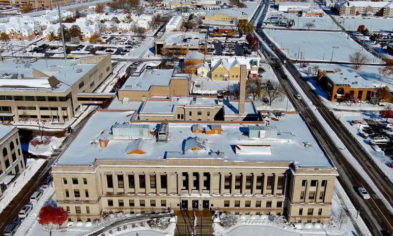 The Kenosha County Courthouse in Kenosha, Wisconsin on Nov. 10, 2025. Several inches of lake effect snow fell overnight covering the area.