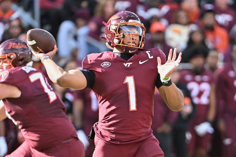 Nov 1, 2025; Blacksburg, Virginia, USA; Virginia Tech Hokies quarterback Kyron Drones (1) throws a pass against the Louisville Cardinals at Lane Stadium. Mandatory Credit: Brian Bishop-Imagn Images