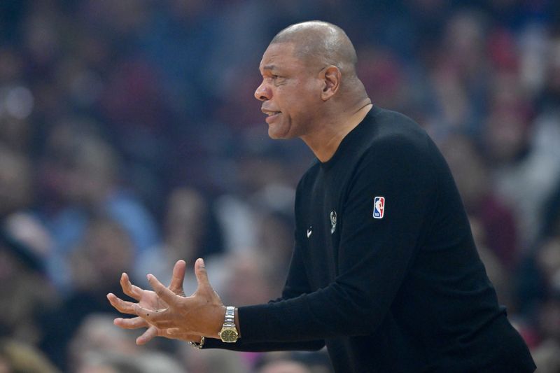 Nov 17, 2025; Cleveland, Ohio, USA; Milwaukee Bucks head coach Doc Rivers reacts in the first quarter against the Cleveland Cavaliers at Rocket Arena. Mandatory Credit: David Richard-Imagn Images