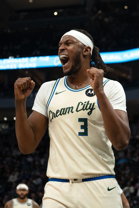 Milwaukee Bucks center Myles Turner (3) cheers on a call by the ref in the first half of their game against the Philadelphia 76ers at Fiserv Forum in Milwaukee, Wisconsin, on the evening of Nov. 20, 2025.