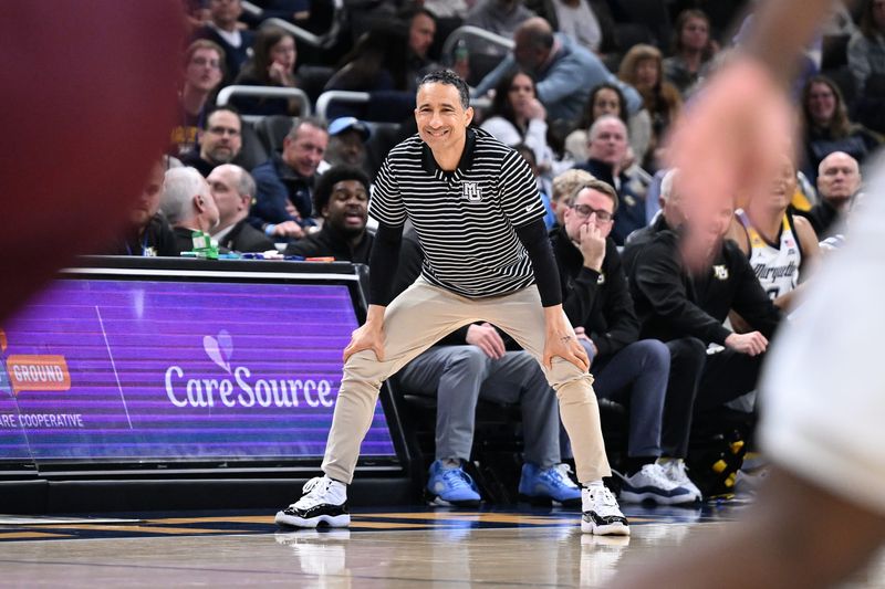 Marquette coach Shaka Smart reacts to a defensive stop against Central Michigan in the second half of a game Saturday, November 22, 2025, at Fiserv Forum in Milwaukee, Wisconsin. Marquette won 85-71.