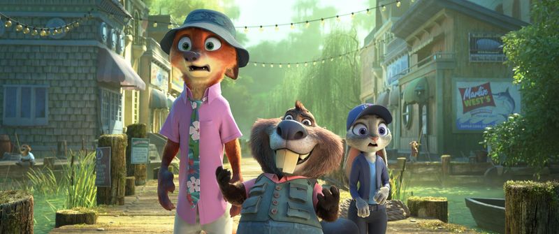 Chatty beaver Nibbles Maplestick (voiced by Fortune Feimster, center) lends a hand to rookie cops Judy Hopps (right, Ginnifer Goodwin) and Nick Wilde (left, Jason Bateman) in the Disney animated sequel "Zootopia 2."